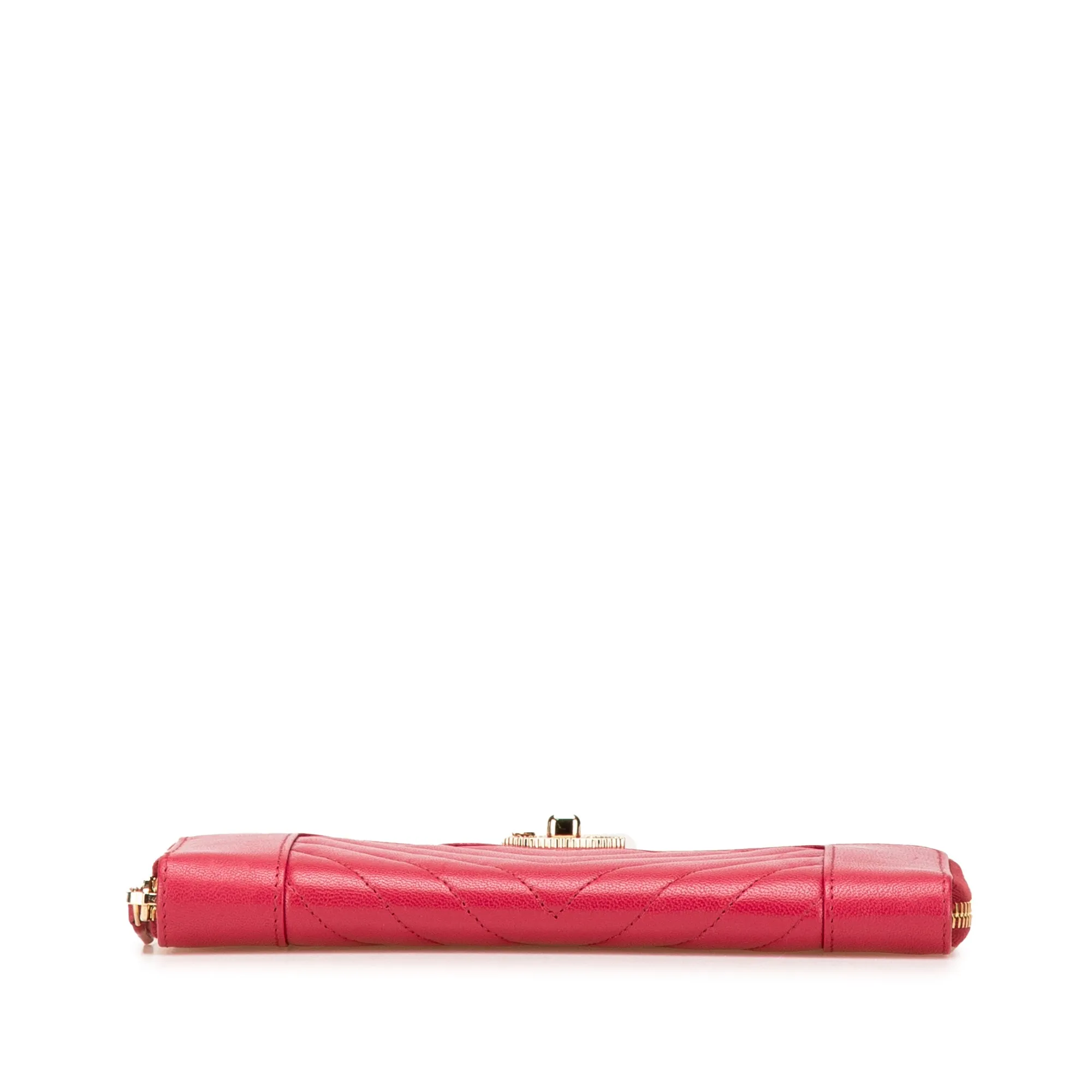 Red Chanel Chevron Sheepskin Mademoiselle Zip Around Wallet