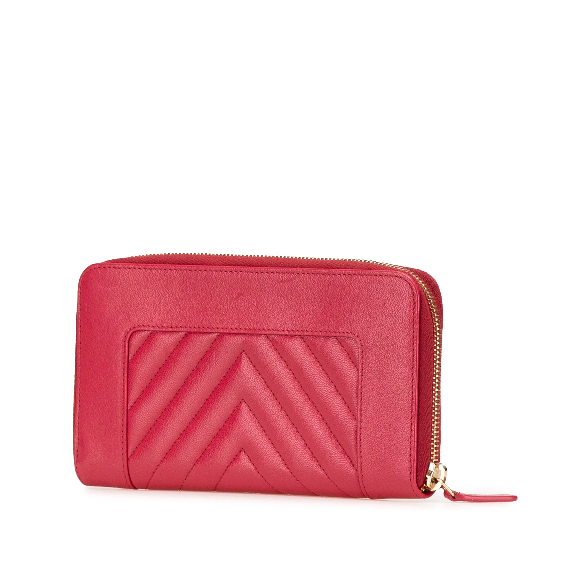 Red Chanel Chevron Sheepskin Mademoiselle Zip Around Wallet