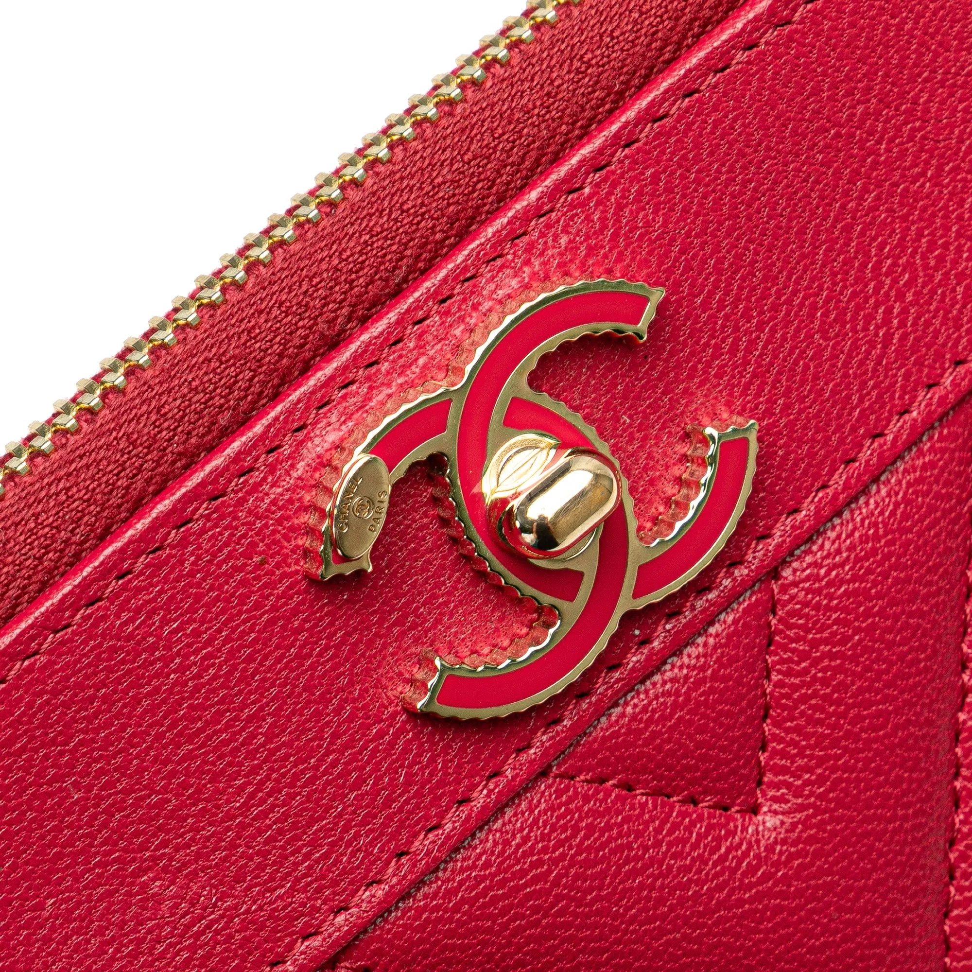 Red Chanel Chevron Sheepskin Mademoiselle Zip Around Wallet