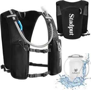 Reflective Hydration Running Vest Backpack - Lightweight 1.6L Water Bladder Bag for Trail Running, Cycling, Marathon, & Race - Perfect for Men & Women with Mobile Holder, and Multiple Pockets - Black