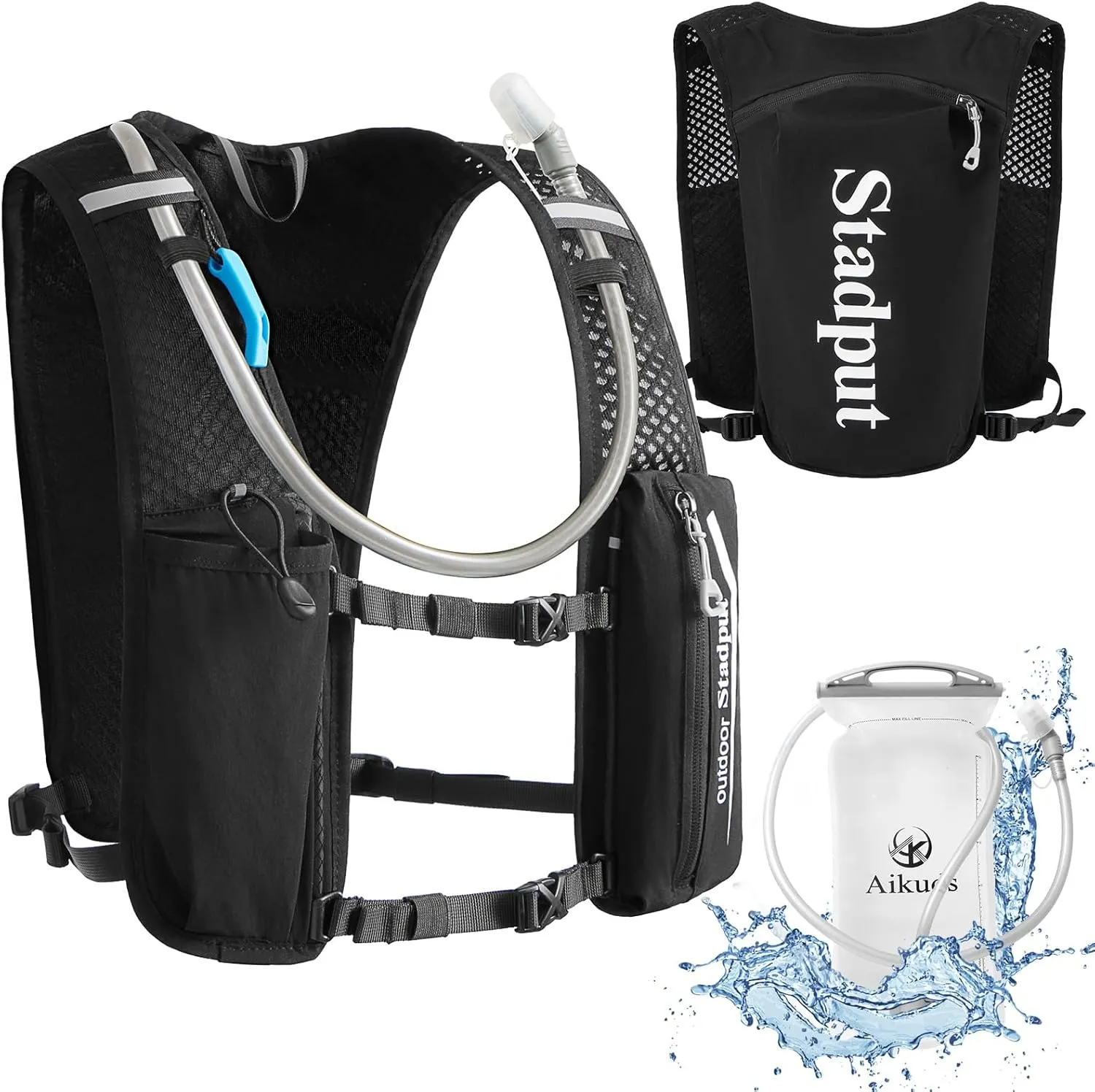 Reflective Hydration Running Vest Backpack - Lightweight 1.6L Water Bladder Bag for Trail Running, Cycling, Marathon, & Race - Perfect for Men & Women with Mobile Holder, and Multiple Pockets - Black