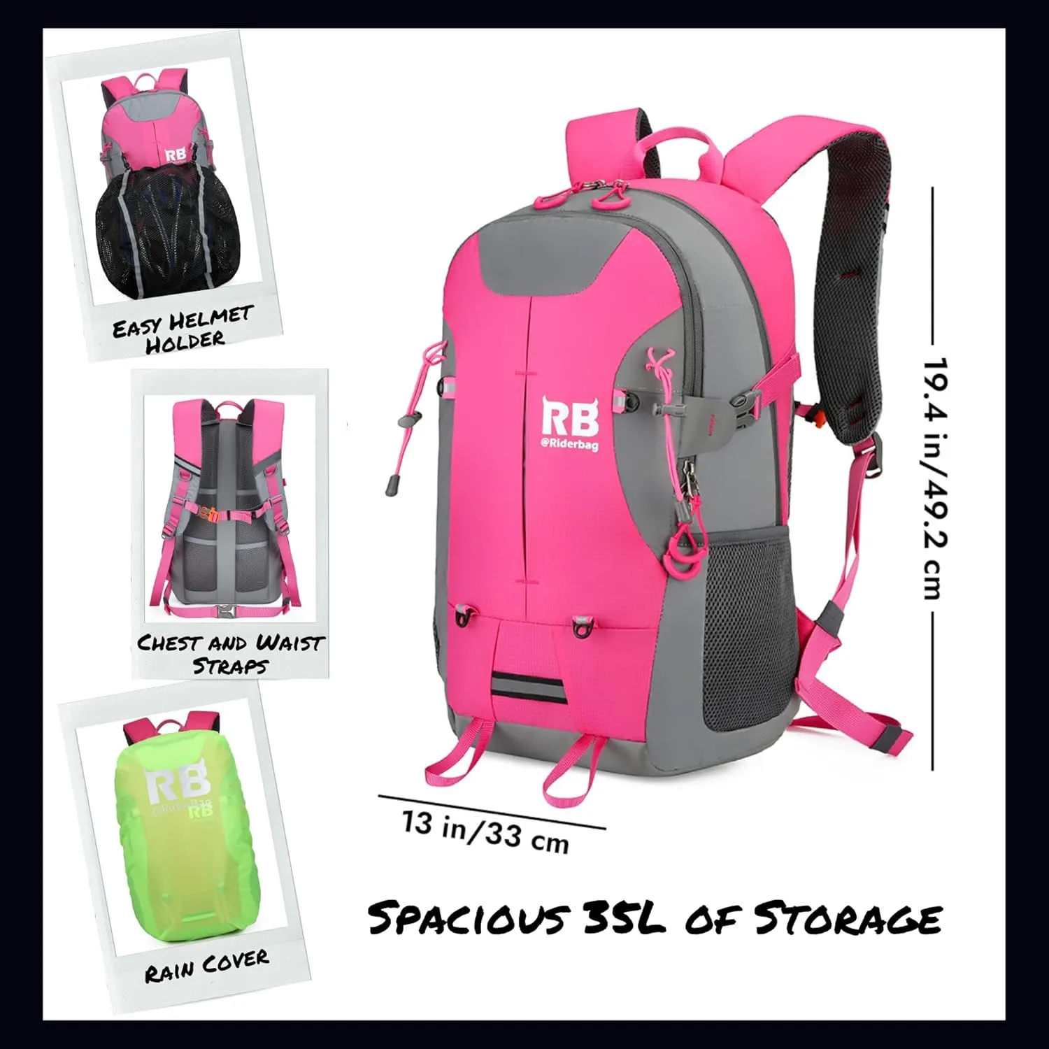 Reflective Motorcycle Backpack 35L, Lightweight Water-Resistant Daypack with Laptop Pocket for Commuting, Biking, and Daily Use – Pink