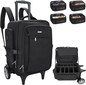 Relavel Rolling Makeup Case Backpack Travel Train Case Organizer with Big Wheels, Cosmetic Case with 4 pcs makeup bags