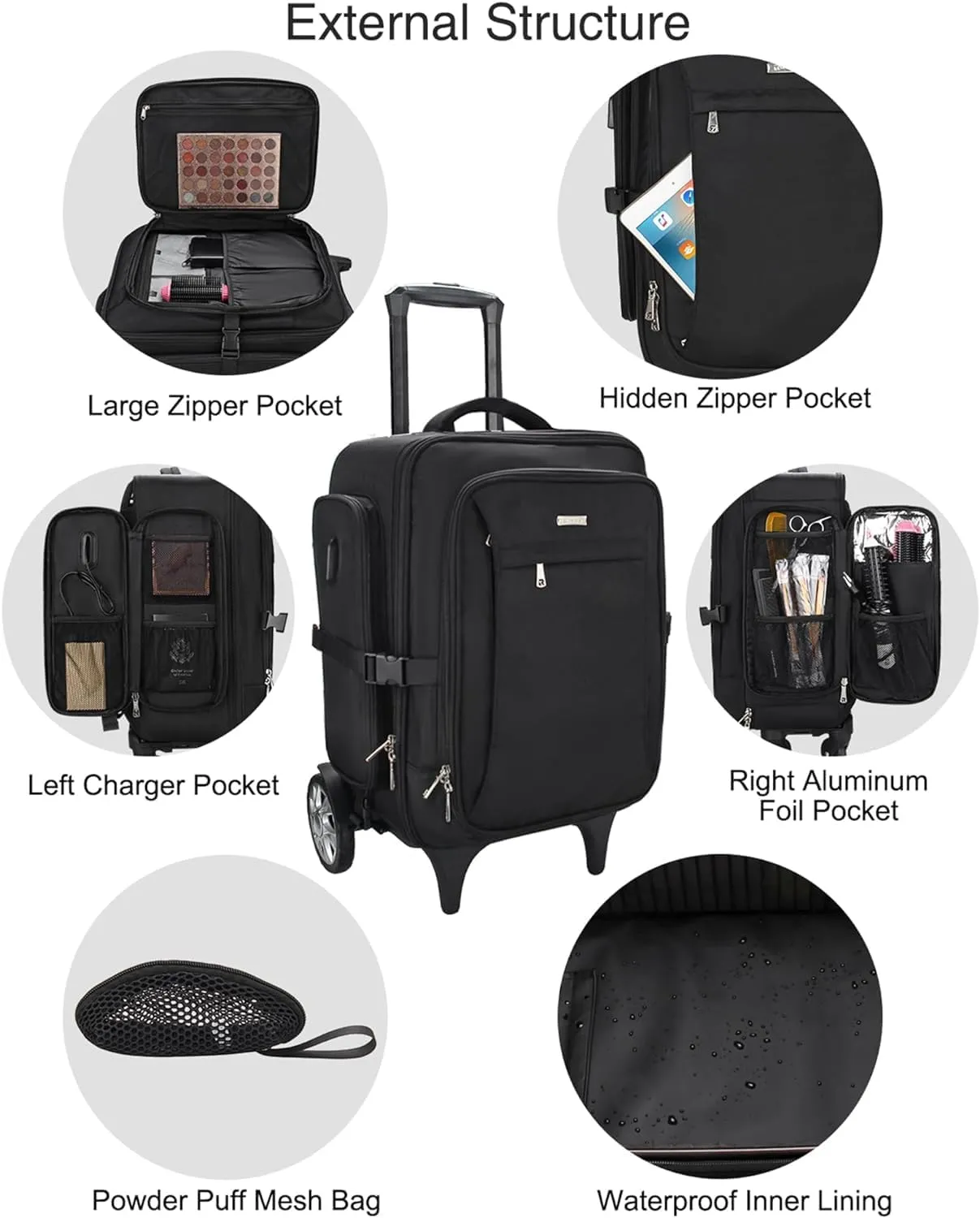 Relavel Rolling Makeup Case Backpack Travel Train Case Organizer with Big Wheels, Cosmetic Case with 4 pcs makeup bags