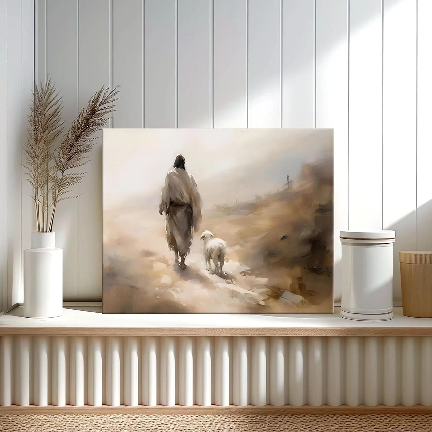 Religious Canvas Wall Art Jesus Walking with Lamb Living Room Decor Desert Journey Poster Print, Christian Oil Painting Artwork Prayer Corner Home Wall Church Decoration, Framed 20x24inch