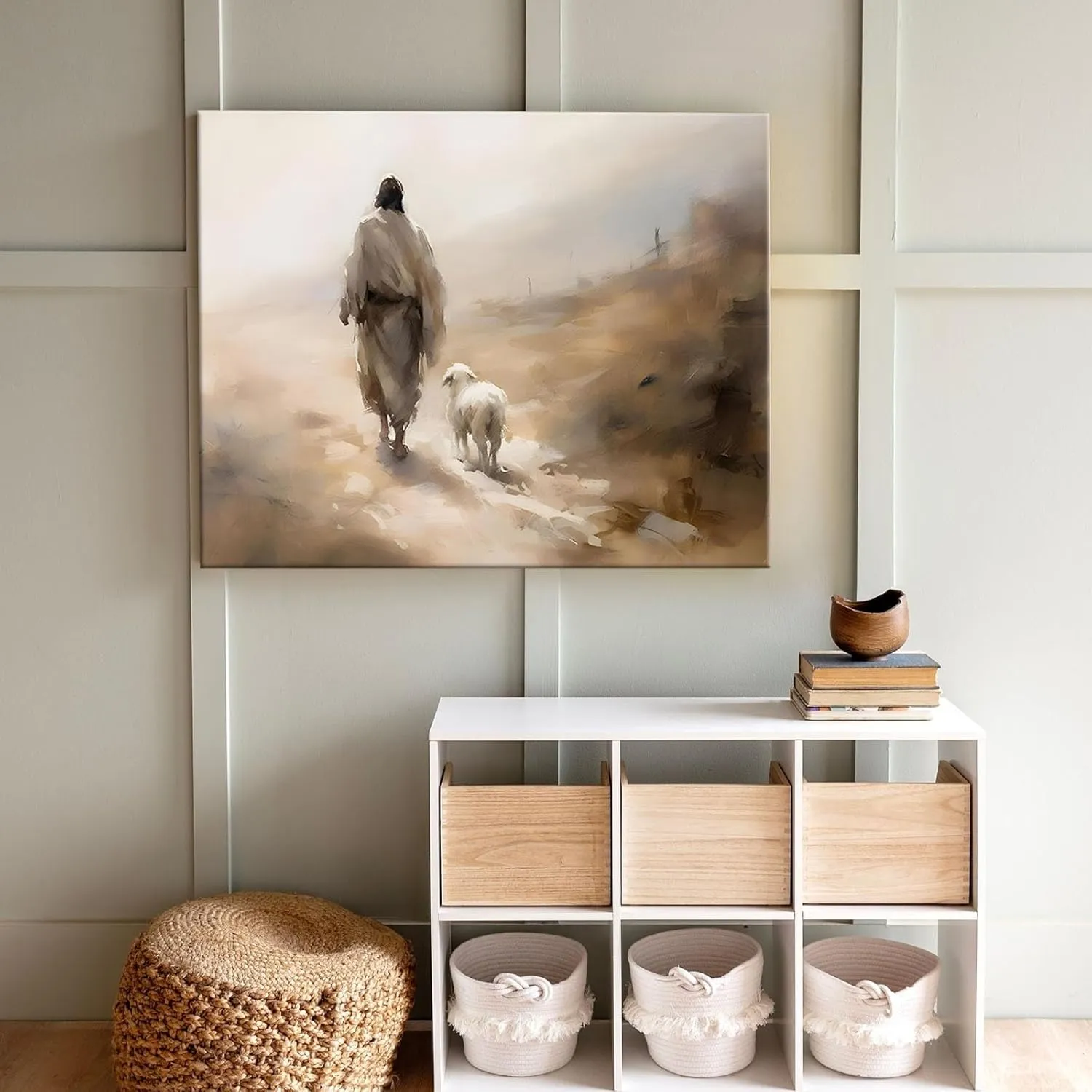 Religious Canvas Wall Art Jesus Walking with Lamb Living Room Decor Desert Journey Poster Print, Christian Oil Painting Artwork Prayer Corner Home Wall Church Decoration, Framed 20x24inch