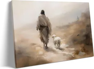 Religious Canvas Wall Art Jesus Walking with Lamb Living Room Decor Desert Journey Poster Print, Christian Oil Painting Artwork Prayer Corner Home Wall Church Decoration, Framed 20x24inch