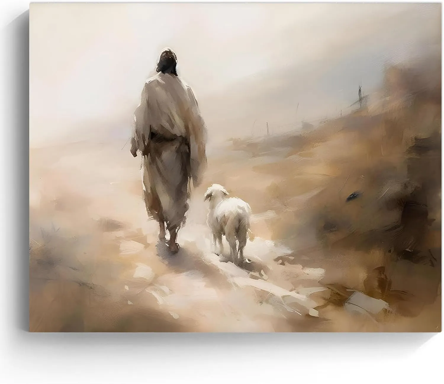 Religious Canvas Wall Art Jesus Walking with Lamb Living Room Decor Desert Journey Poster Print, Christian Oil Painting Artwork Prayer Corner Home Wall Church Decoration, Framed 20x24inch