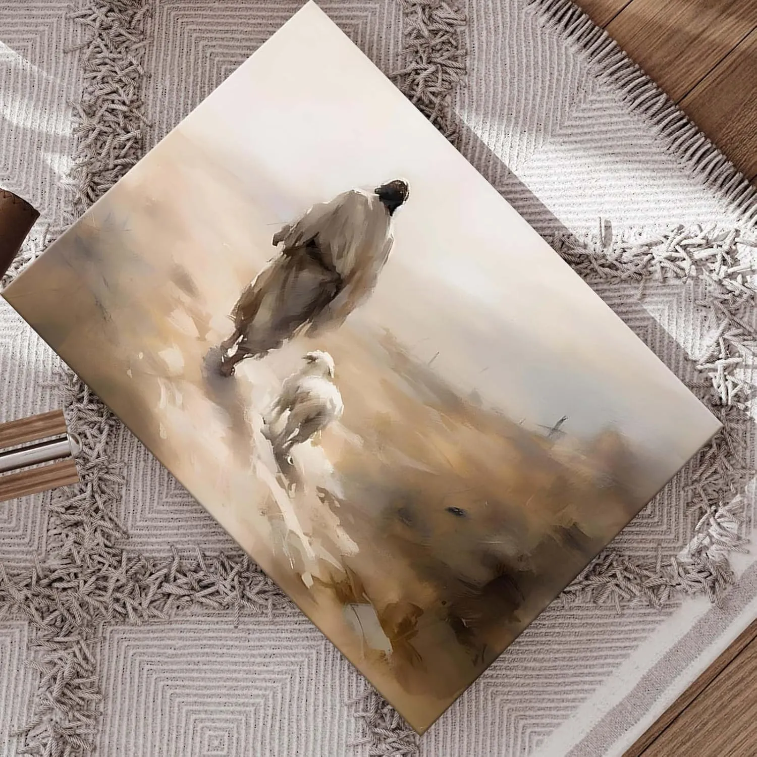 Religious Canvas Wall Art Jesus Walking with Lamb Living Room Decor Desert Journey Poster Print, Christian Oil Painting Artwork Prayer Corner Home Wall Church Decoration, Framed 20x24inch