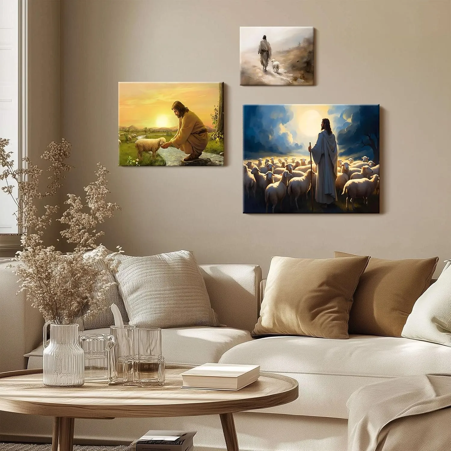 Religious Canvas Wall Art Jesus Walking with Lamb Living Room Decor Desert Journey Poster Print, Christian Oil Painting Artwork Prayer Corner Home Wall Church Decoration, Framed 20x24inch