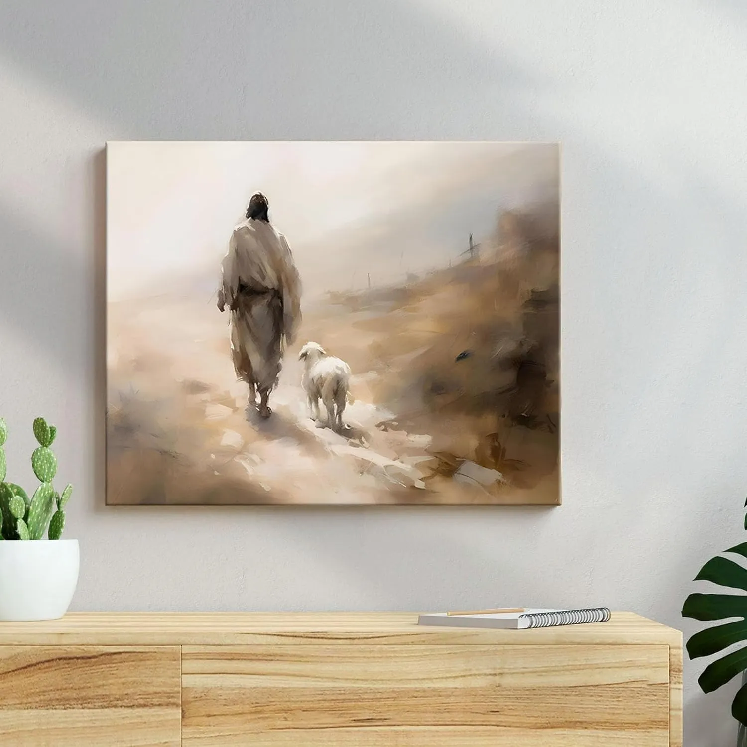 Religious Canvas Wall Art Jesus Walking with Lamb Living Room Decor Desert Journey Poster Print, Christian Oil Painting Artwork Prayer Corner Home Wall Church Decoration, Framed 20x24inch