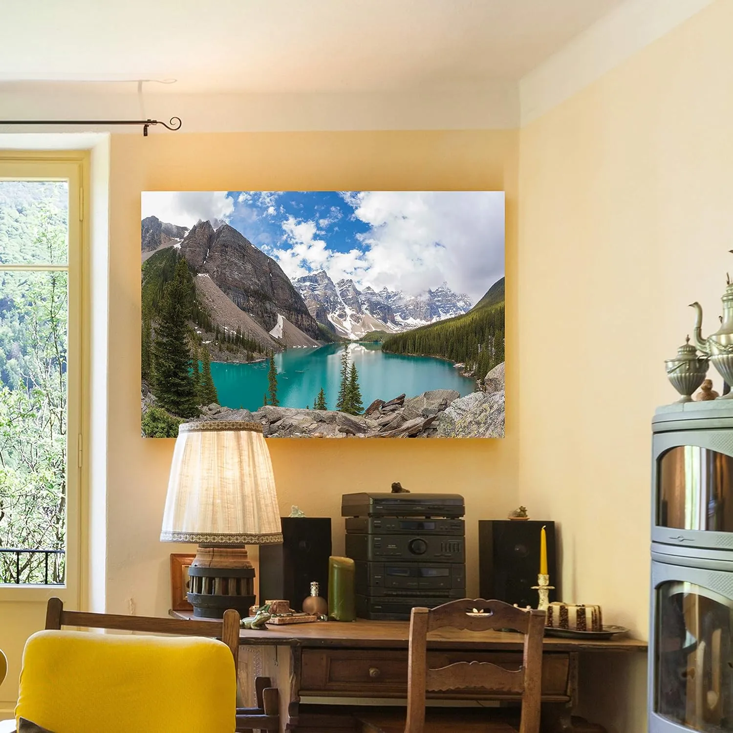 Renditions Gallery Canvas Nature Artwork Banff Valley Snowy Mountaing Range along the Lake Hanging Prints for Living Room Office Walls - 24"X36" LT08