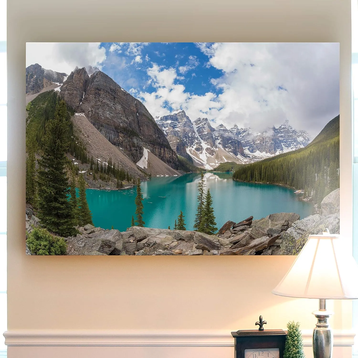 Renditions Gallery Canvas Nature Artwork Banff Valley Snowy Mountaing Range along the Lake Hanging Prints for Living Room Office Walls - 24"X36" LT08