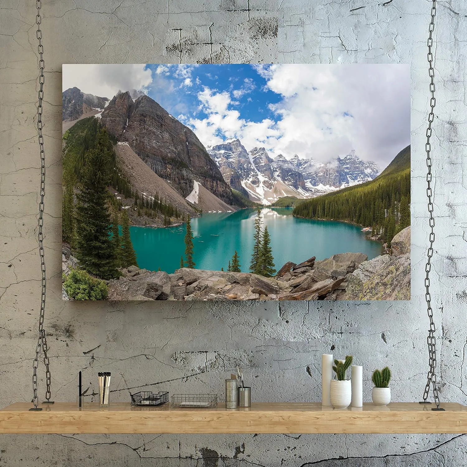 Renditions Gallery Canvas Nature Artwork Banff Valley Snowy Mountaing Range along the Lake Hanging Prints for Living Room Office Walls - 24"X36" LT08