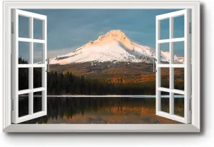 Renditions Gallery Nature Wall Art Window View Decor for Home Snowy Mountain Peak along the Forest Range Canvas Pictures & Prints for Living Room Kitchen Walls - 24"X36" LT04