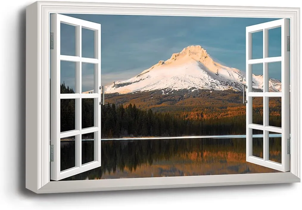 Renditions Gallery Nature Wall Art Window View Decor for Home Snowy Mountain Peak along the Forest Range Canvas Pictures & Prints for Living Room Kitchen Walls - 24"X36" LT04