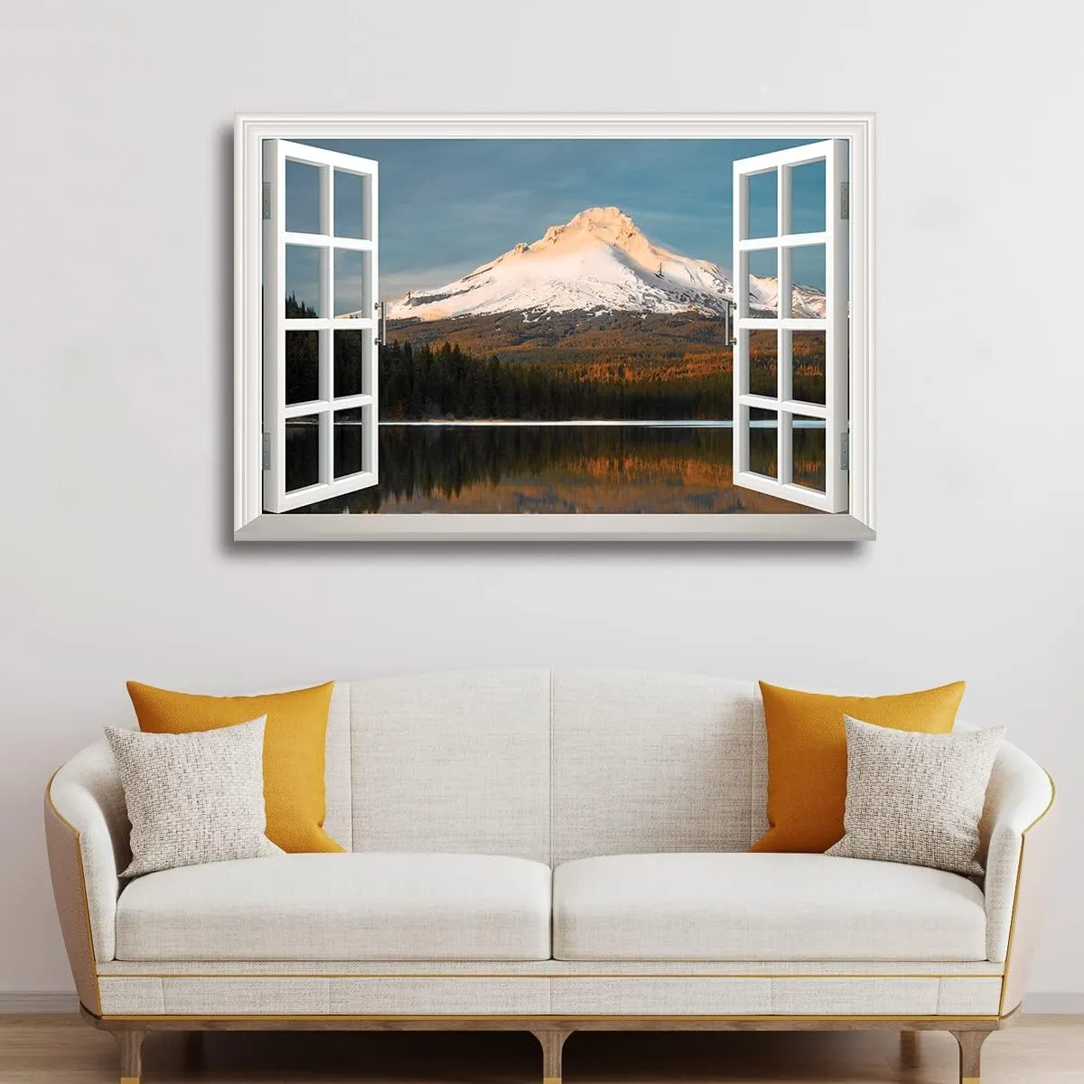 Renditions Gallery Nature Wall Art Window View Decor for Home Snowy Mountain Peak along the Forest Range Canvas Pictures & Prints for Living Room Kitchen Walls - 24"X36" LT04