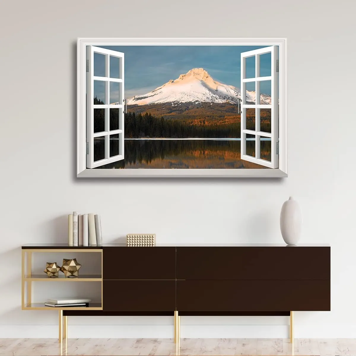 Renditions Gallery Nature Wall Art Window View Decor for Home Snowy Mountain Peak along the Forest Range Canvas Pictures & Prints for Living Room Kitchen Walls - 24"X36" LT04