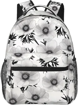 Renewal Black And White Floral Backpack Casual Pack Bag Laptop Backpack With Side Pocket Front Zipper Pocket Bookpack Travel Daypack Picnic Rucksack