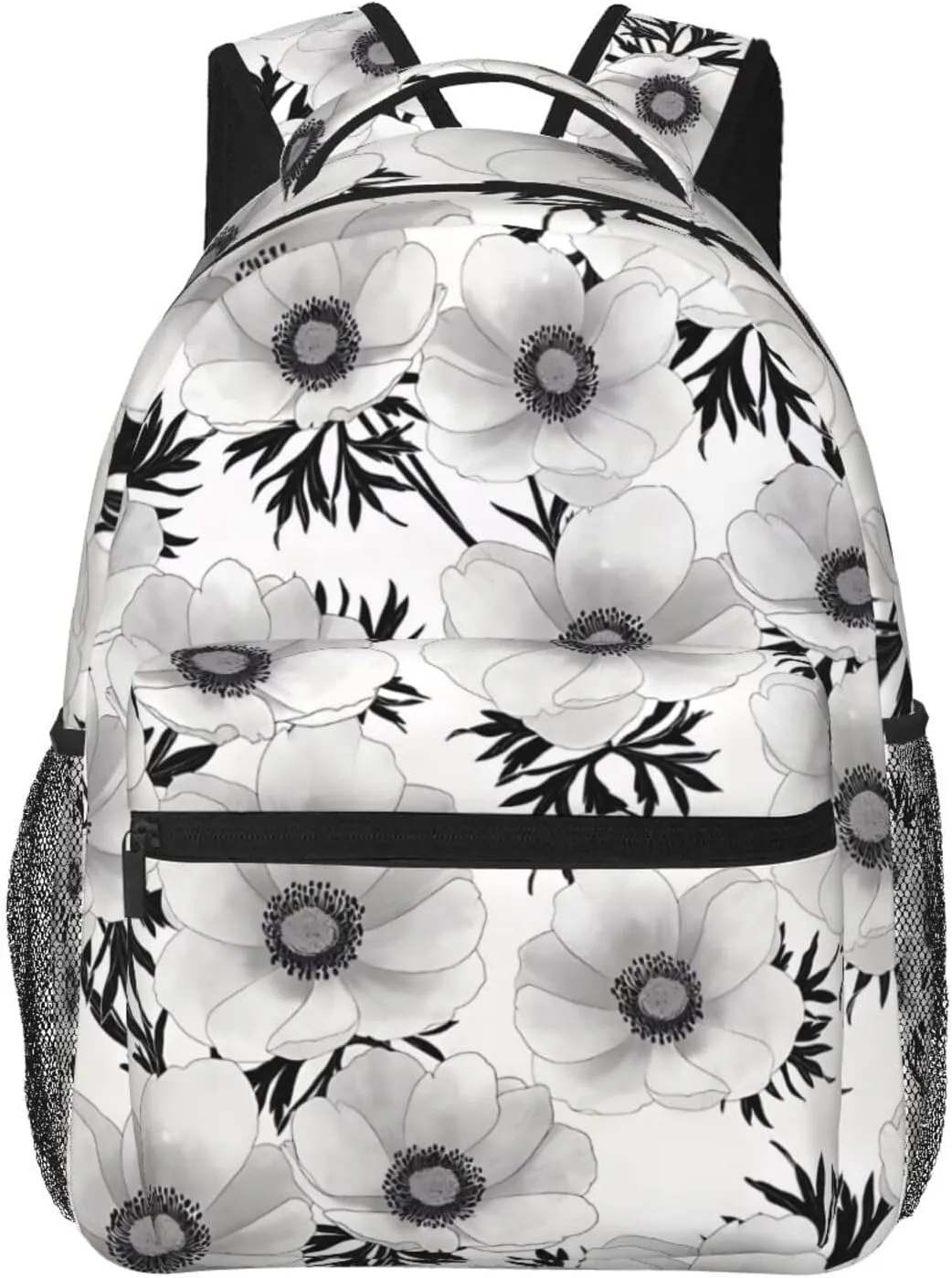 Renewal Black And White Floral Backpack Casual Pack Bag Laptop Backpack With Side Pocket Front Zipper Pocket Bookpack Travel Daypack Picnic Rucksack