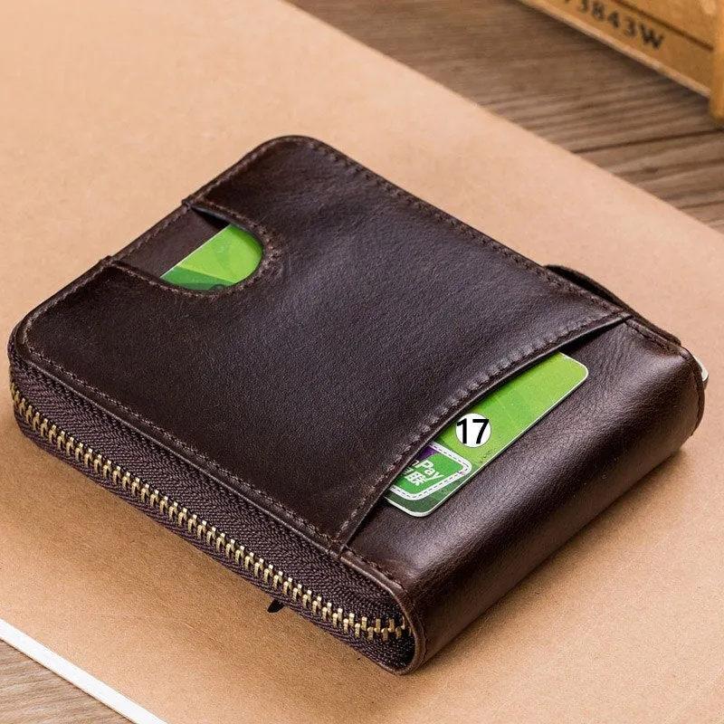 Retro Genuine Leather RFID Short Zipper Wallet