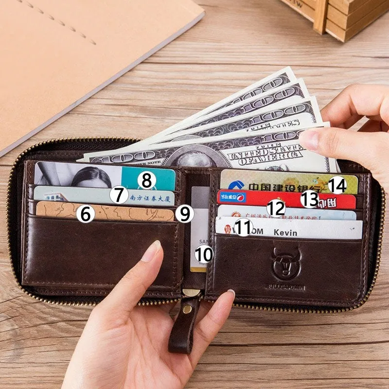 Retro Genuine Leather RFID Short Zipper Wallet