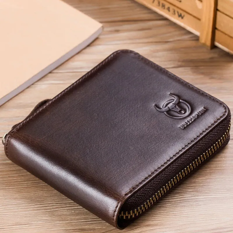 Retro Genuine Leather RFID Short Zipper Wallet