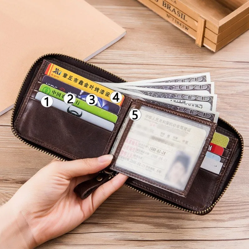 Retro Genuine Leather RFID Short Zipper Wallet