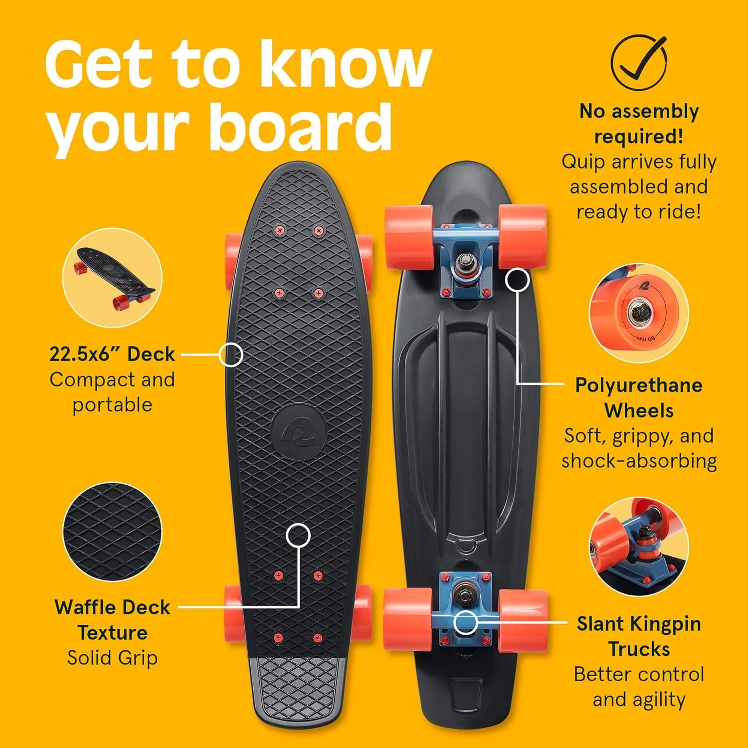Retrospec Quip Mini Cruiser Skateboard 22.5" Classic Retro Plastic Cruiser Complete Skateboard with ABEC 7 Bearings and PU Wheels Compact Board w/Grippy, Molded Waffle Deck