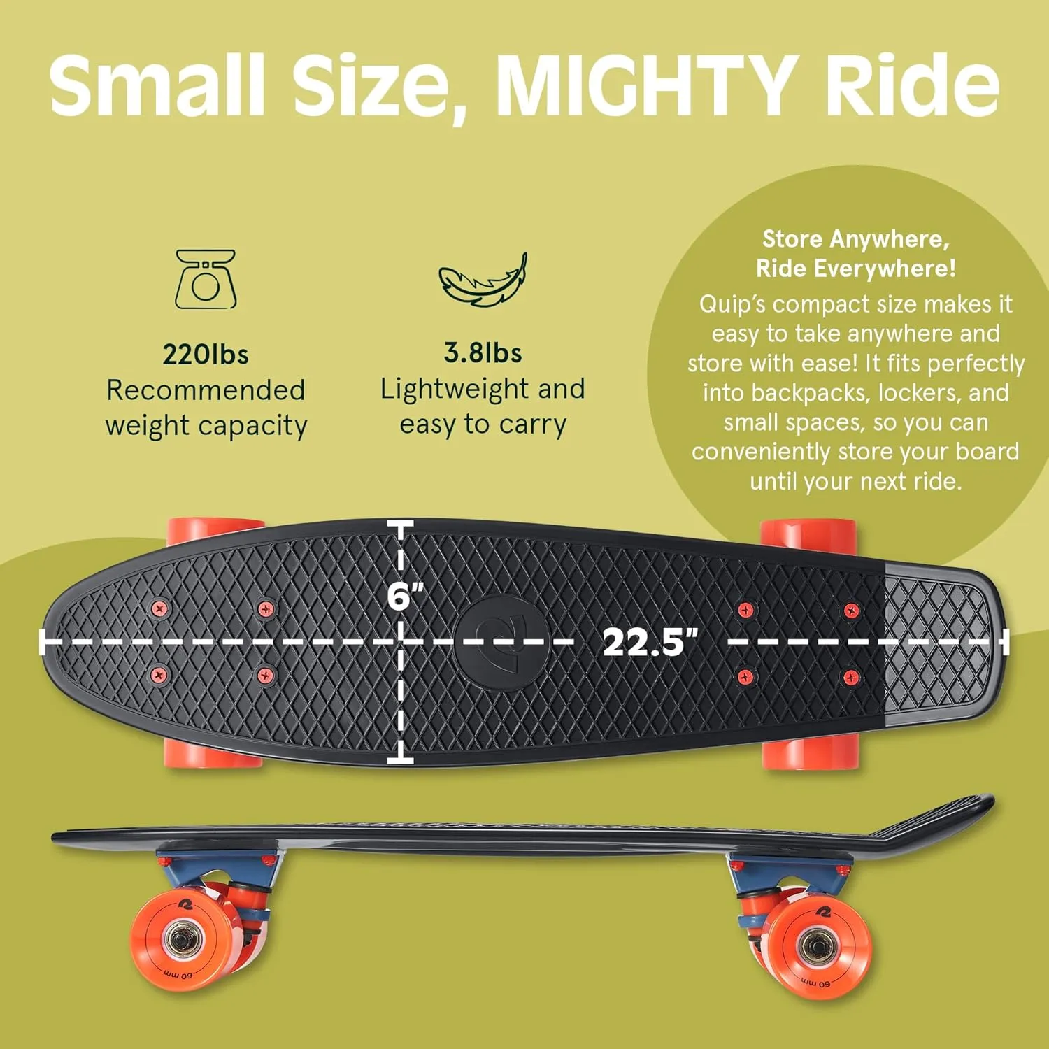 Retrospec Quip Mini Cruiser Skateboard 22.5" Classic Retro Plastic Cruiser Complete Skateboard with ABEC 7 Bearings and PU Wheels Compact Board w/Grippy, Molded Waffle Deck