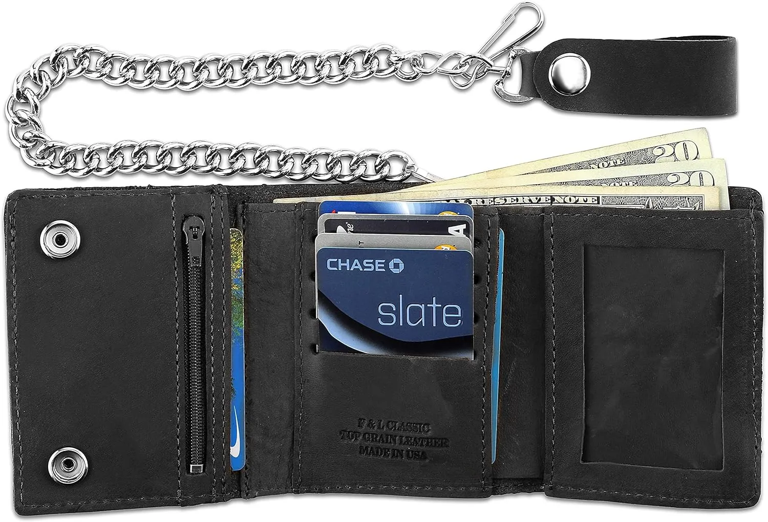 RFID Blocking Men's Tri-fold Vintage Biker Cowhide Leather Steel Chain Wallet,Snap closure, Made In USA,tc315-solid black