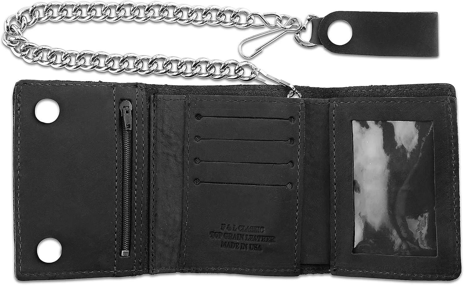 RFID Blocking Men's Tri-fold Vintage Biker Cowhide Leather Steel Chain Wallet,Snap closure, Made In USA,tc315-solid black