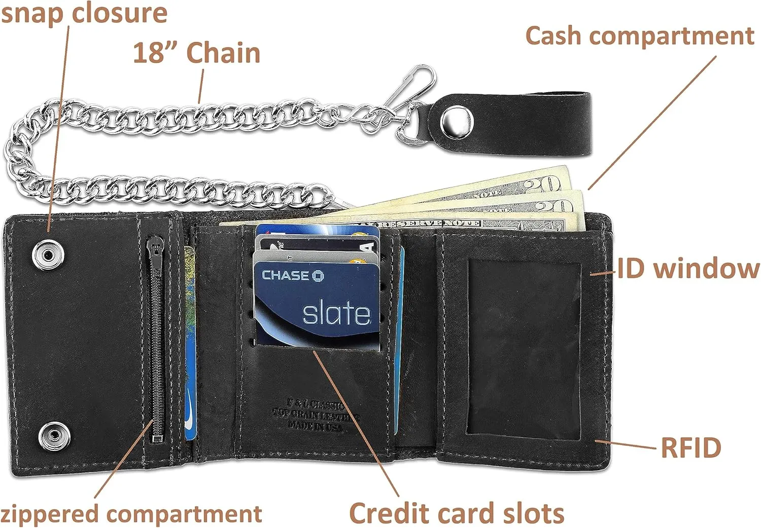 RFID Blocking Men's Tri-fold Vintage Biker Cowhide Leather Steel Chain Wallet,Snap closure, Made In USA,tc315-solid black