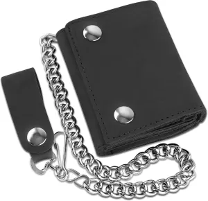 RFID Blocking Men's Tri-fold Vintage Biker Cowhide Leather Steel Chain Wallet,Snap closure, Made In USA,tc315-solid black