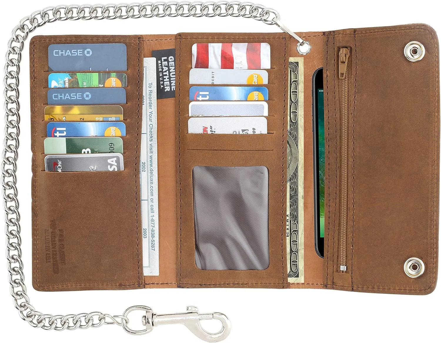 RFID Blocking Men's Tri-fold Vintage Long Style cow Leather With Chain card holder Wallet,MADE IN USA