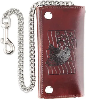 RFID Blocking Men's Tri-fold Vintage Long Style cow Leather With Chain card holder Wallet,MADE IN USA