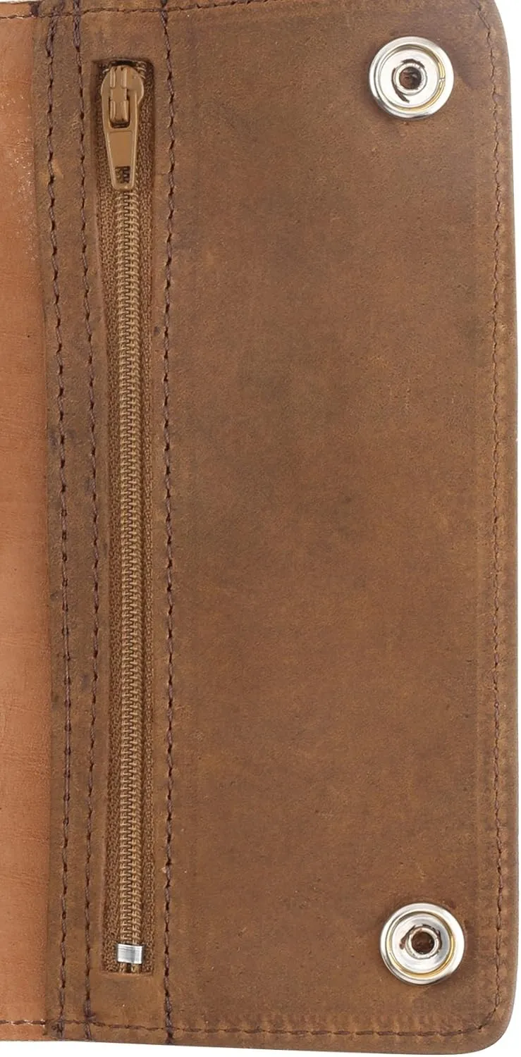 RFID Blocking Men's Tri-fold Vintage Long Style cow Leather With Chain card holder Wallet,MADE IN USA