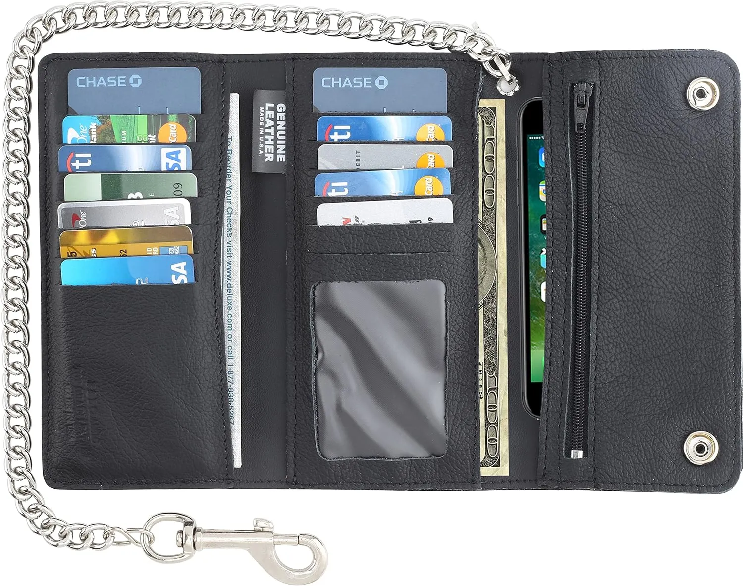 RFID Blocking Men's Tri-fold Vintage Long Style cow Leather With Chain card holder Wallet,MADE IN USA