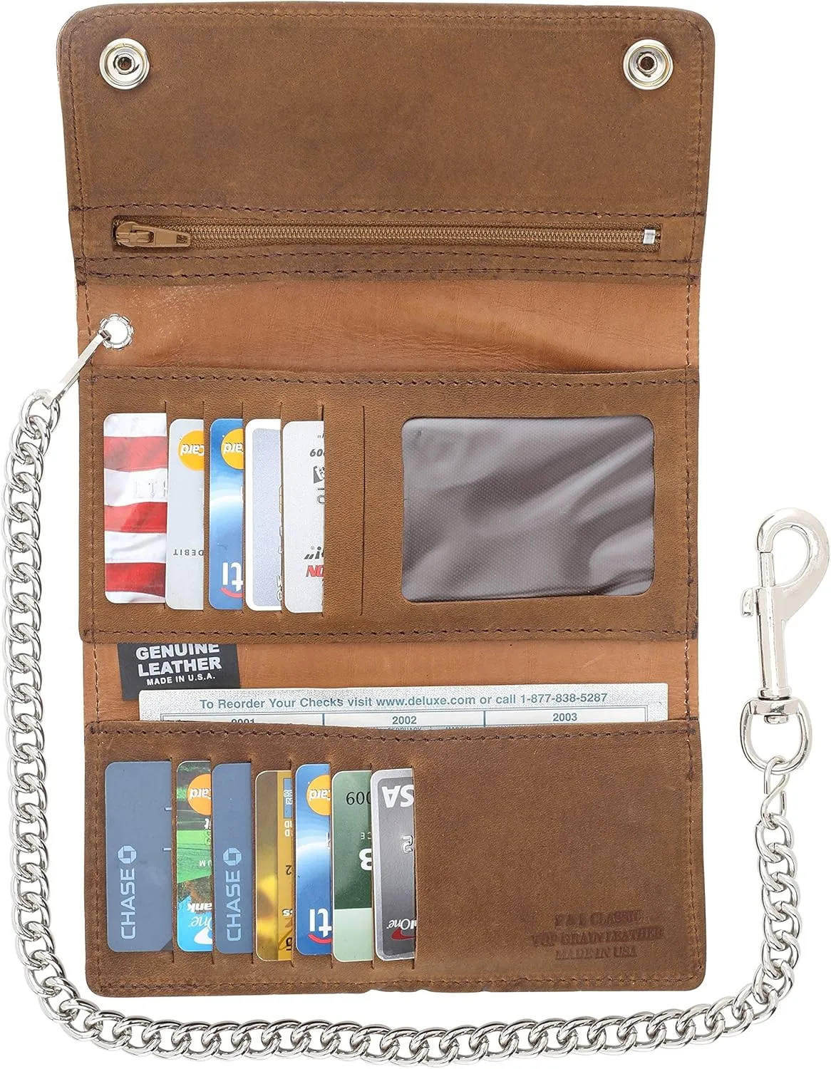 RFID Blocking Men's Tri-fold Vintage Long Style cow Leather With Chain card holder Wallet,MADE IN USA