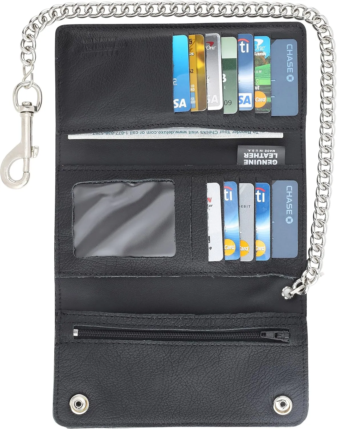 RFID Blocking Men's Tri-fold Vintage Long Style cow Leather With Chain card holder Wallet,MADE IN USA
