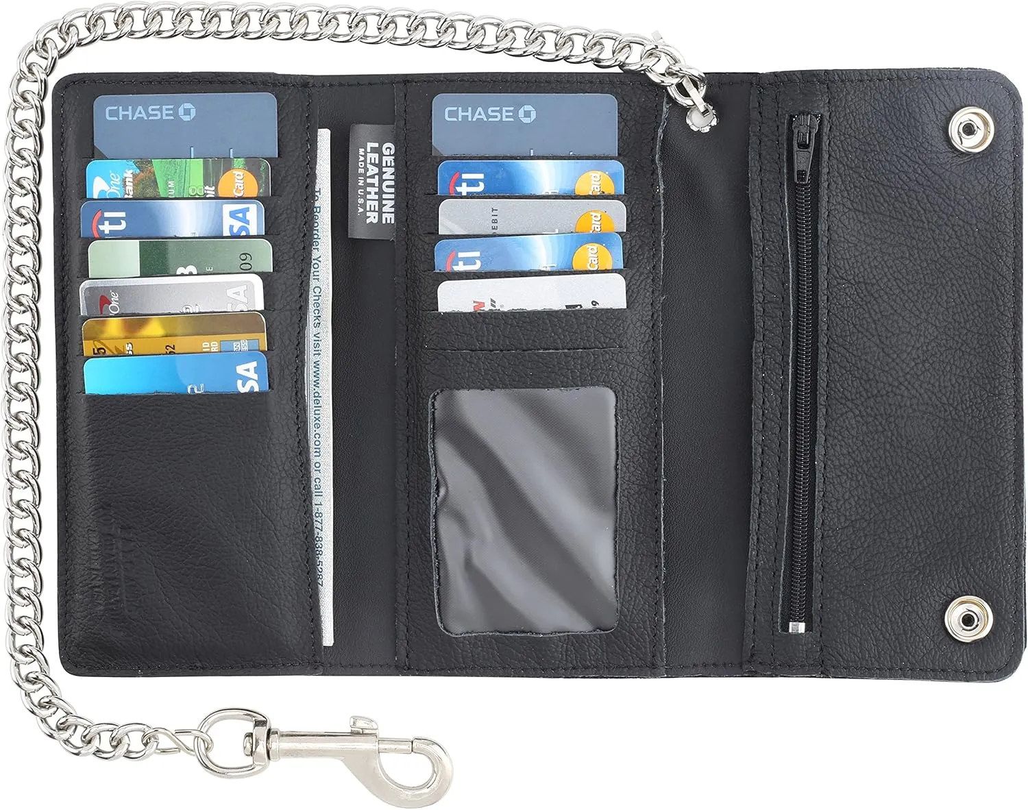 RFID Blocking Men's Tri-fold Vintage Long Style cow Leather With Chain card holder Wallet,MADE IN USA