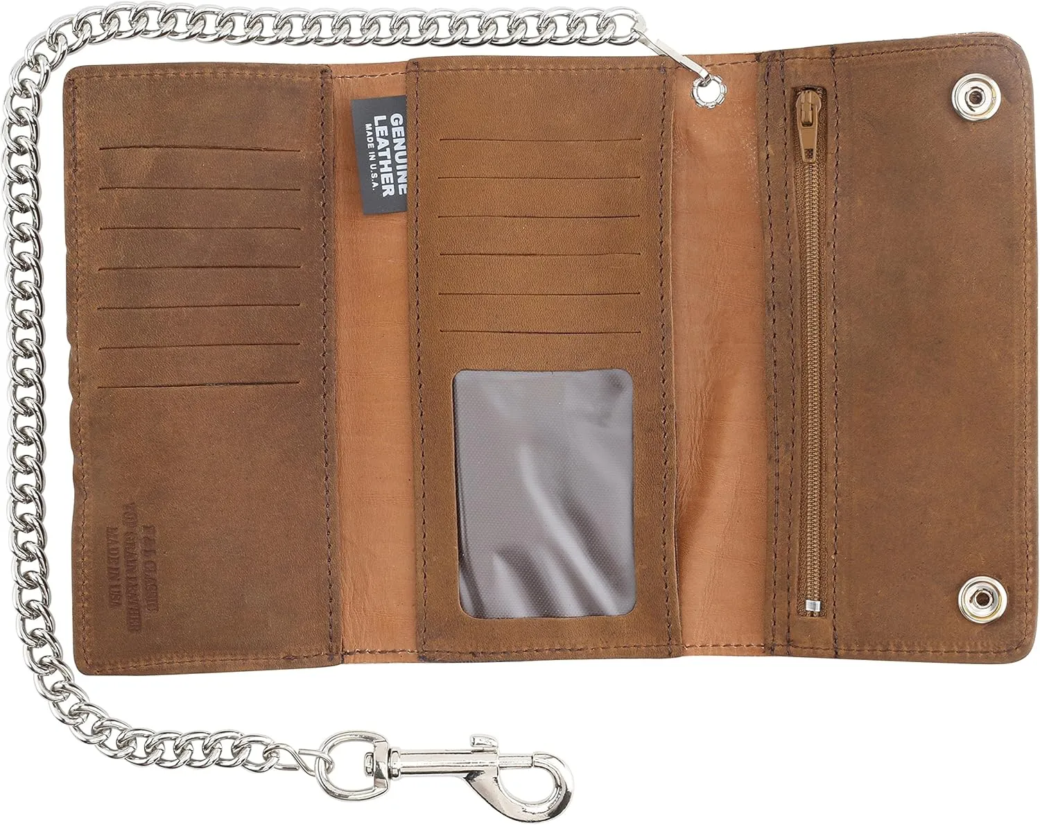 RFID Blocking Men's Tri-fold Vintage Long Style cow Leather With Chain card holder Wallet,MADE IN USA