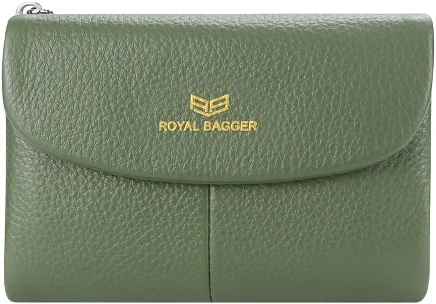 RFID Blocking Women's Short Wallet Genuine Leather Multi-card Slots Card Holder Trifold Purse Magnetic Opening 2063 (Olive Green)