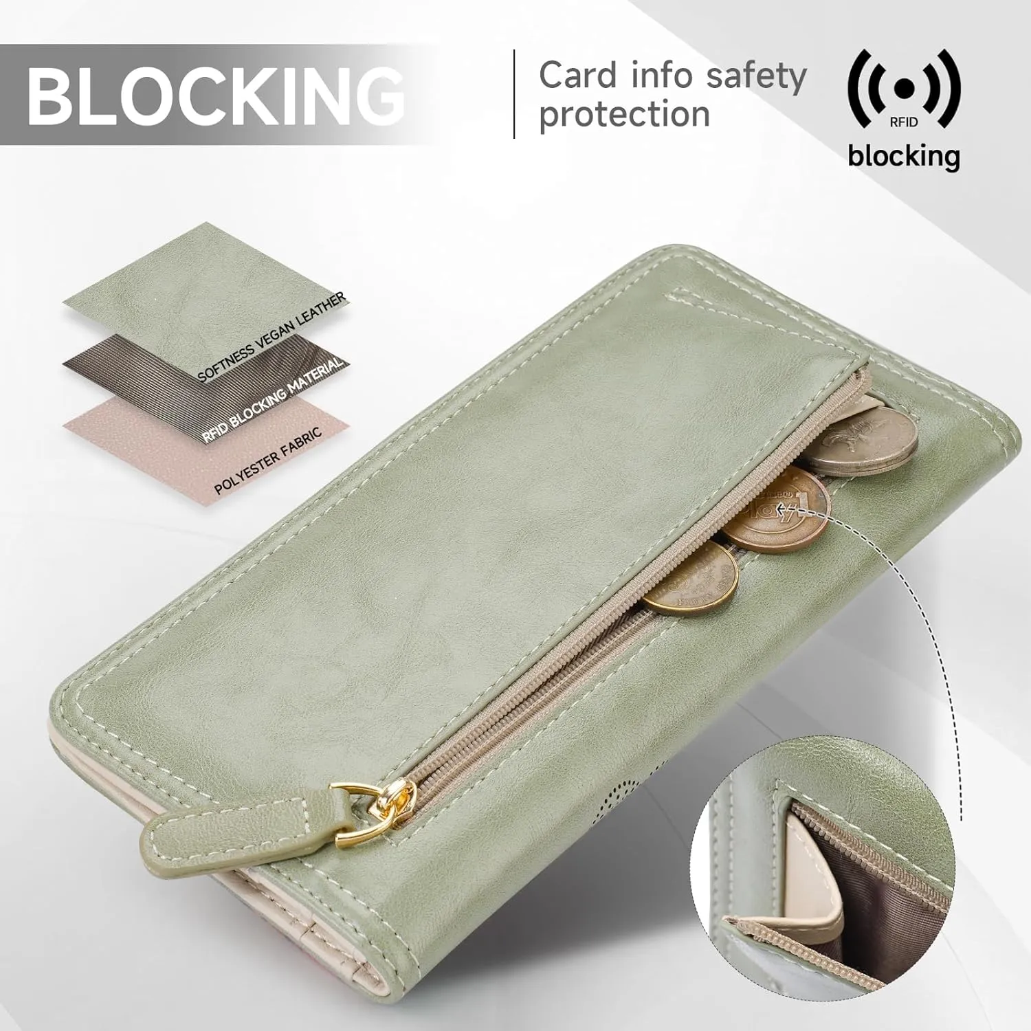 RFID Wallet Women Ultra Slim Thin Womens Wallet Compact Clutch Long Ladies Wallet for Women GREEN