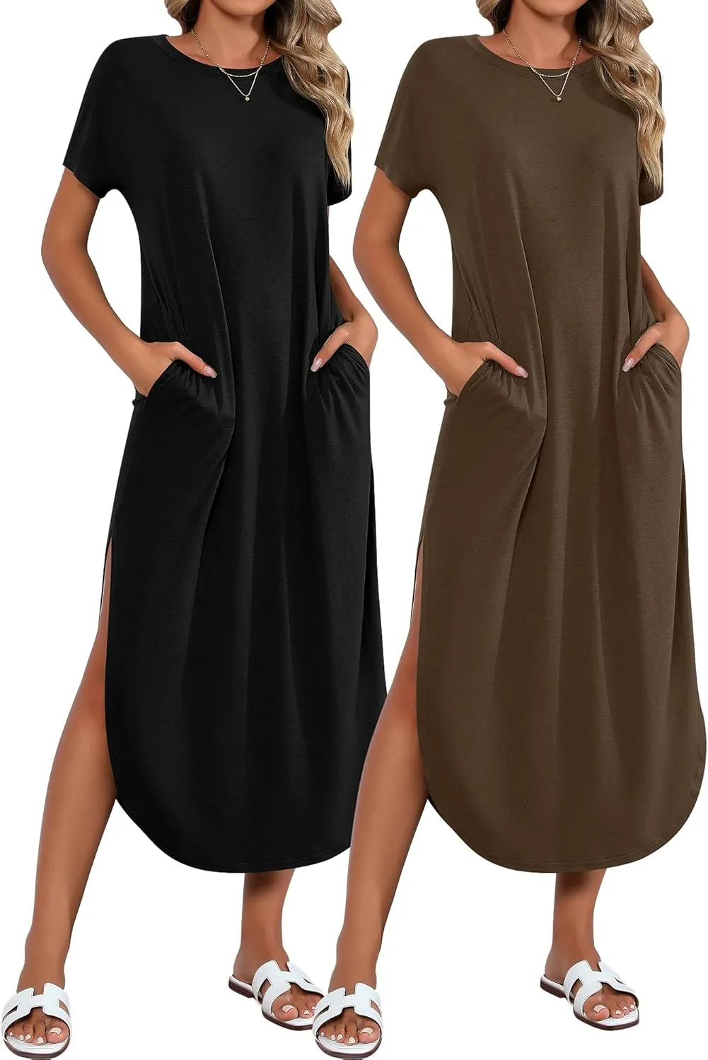 Riyiper 2 Pieces Women's Short Sleeve Maxi Dress Round Neck Casual Loose Split Long Summer Beach Shirt Dress with Pockets