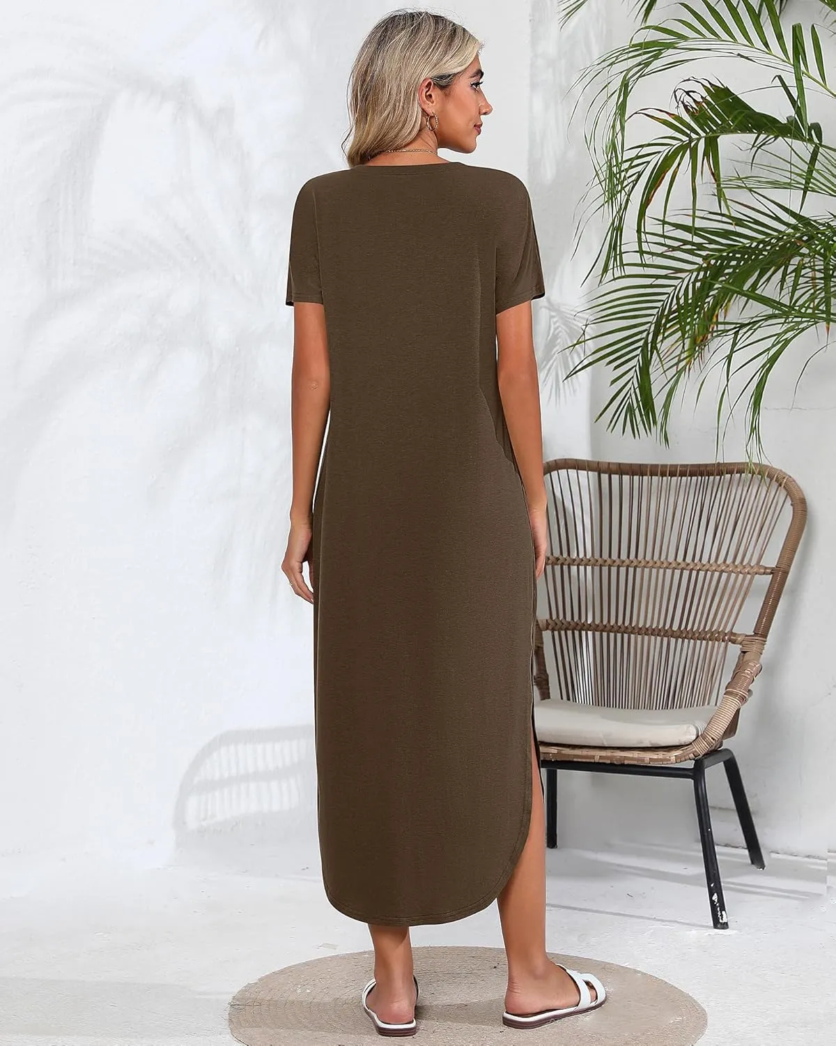 Riyiper 2 Pieces Women's Short Sleeve Maxi Dress Round Neck Casual Loose Split Long Summer Beach Shirt Dress with Pockets