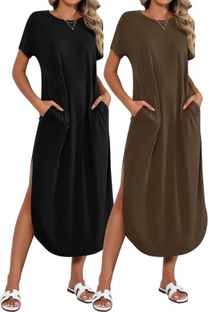 Riyiper 2 Pieces Women's Short Sleeve Maxi Dress Round Neck Casual Loose Split Long Summer Beach Shirt Dress with Pockets