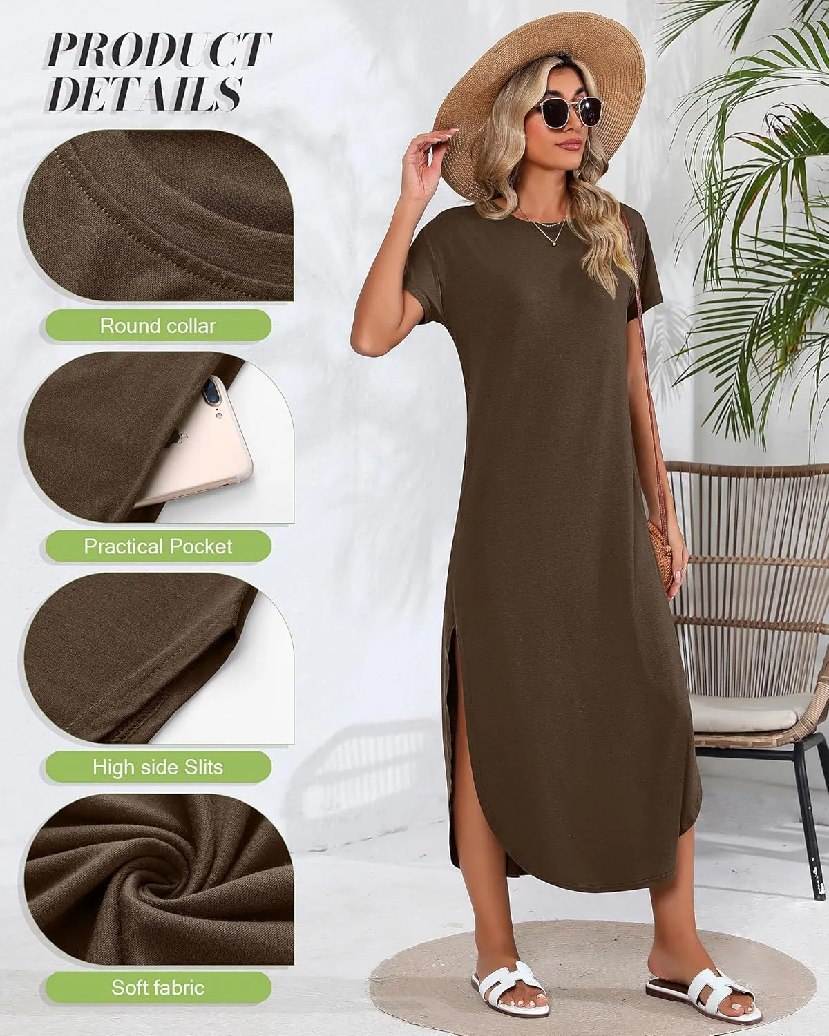 Riyiper 2 Pieces Women's Short Sleeve Maxi Dress Round Neck Casual Loose Split Long Summer Beach Shirt Dress with Pockets