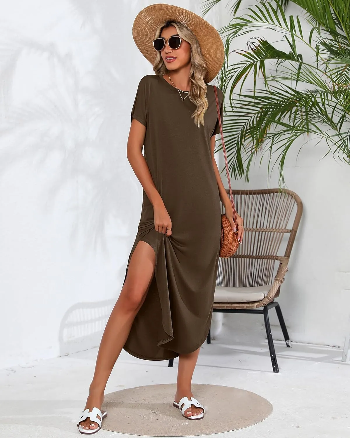 Riyiper 2 Pieces Women's Short Sleeve Maxi Dress Round Neck Casual Loose Split Long Summer Beach Shirt Dress with Pockets