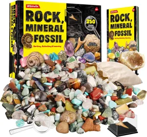 Rocks Minerals & Fossils Collection for Kids 250  Real Gemstones and Crystals Rock Identification Kit Includes Display Case, Genuine Fossils, Geodes Great Geology, Science Gift for Boys & Girls